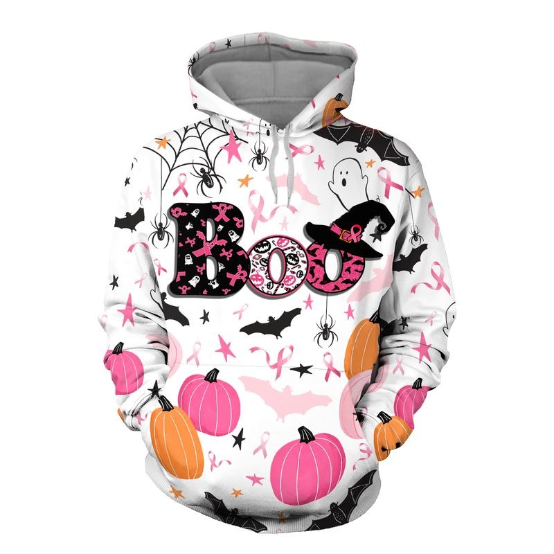 Boo halloween breast cancer awareness all over printed hoodie