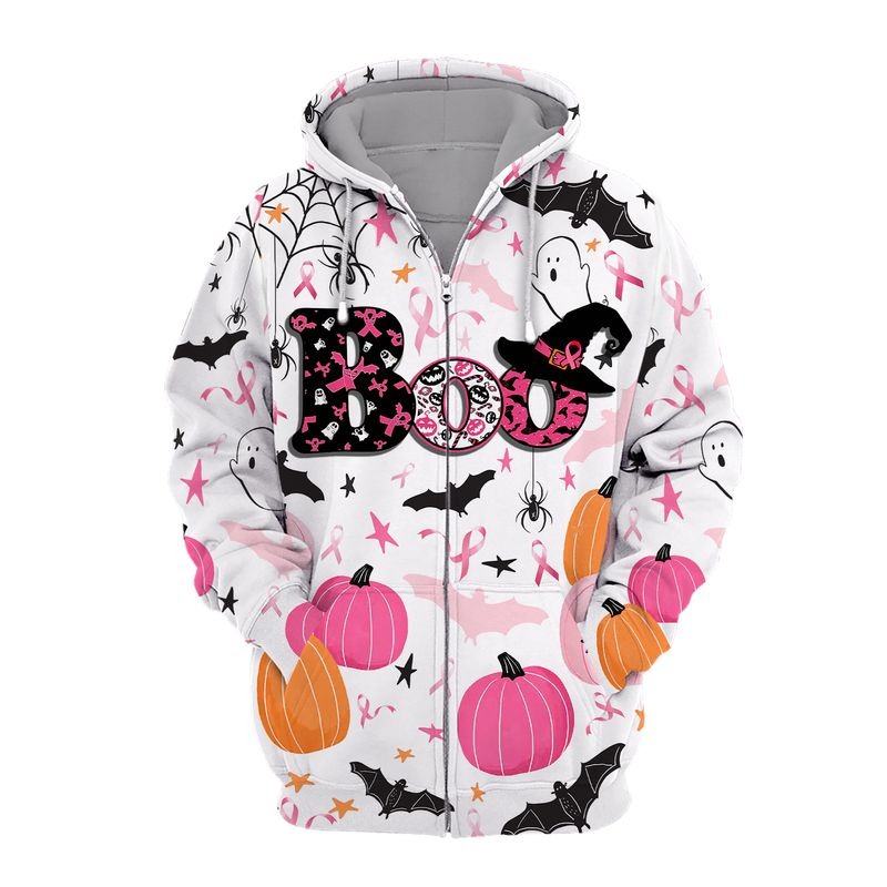Boo halloween breast cancer awareness all over printed zip hoodie