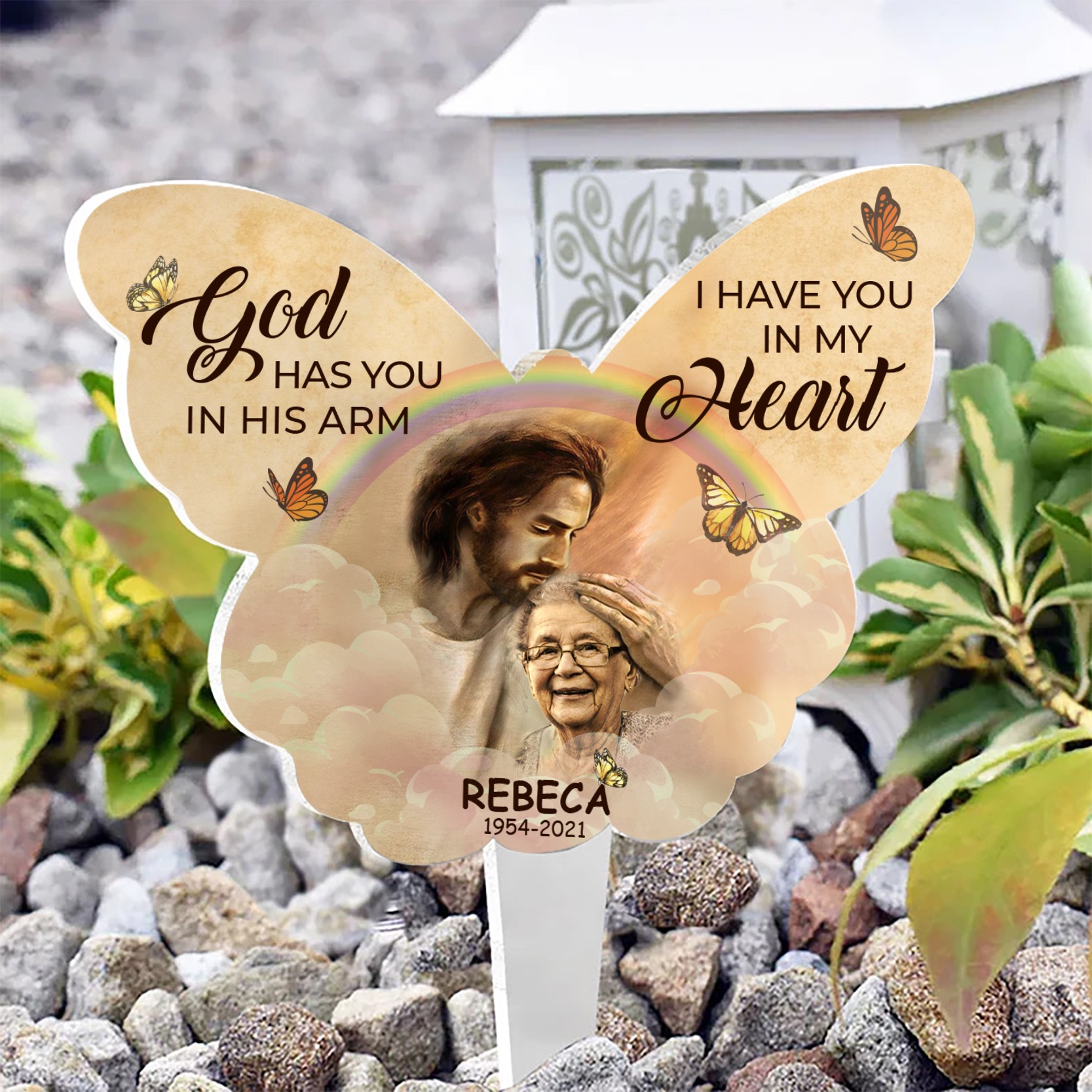 God has you in his arm I have you in my heart jesus christ personalized metal cut sign 1