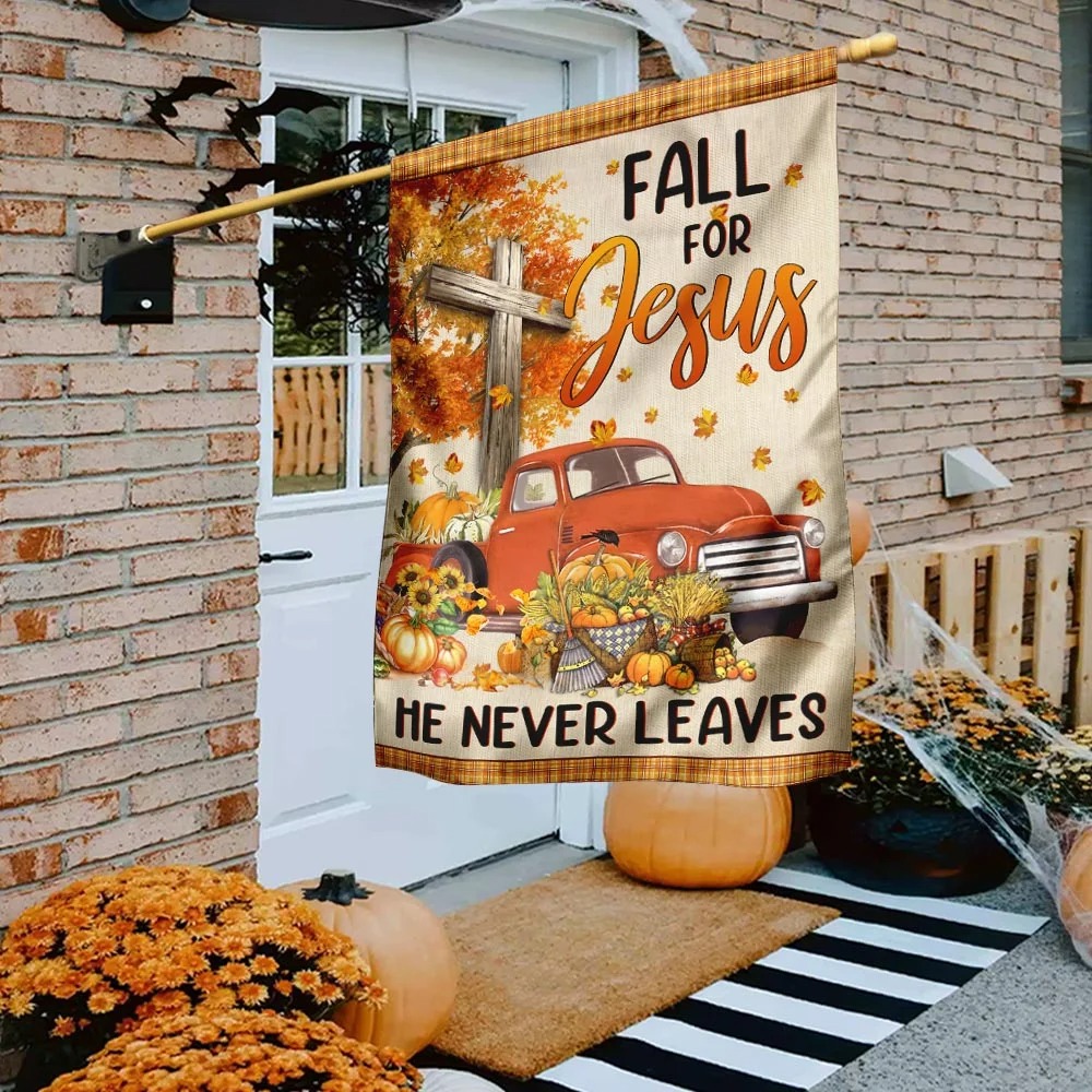 Truck With Pumpkins Fall For Jesus He Never Leaves Halloween Flag