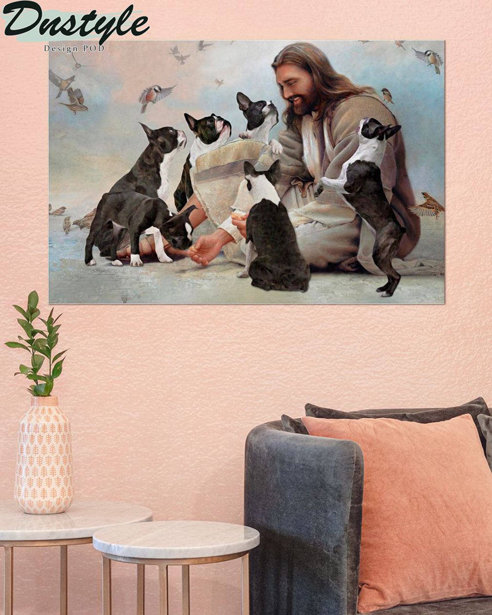 God surrounded by Boston Terrier angels poster