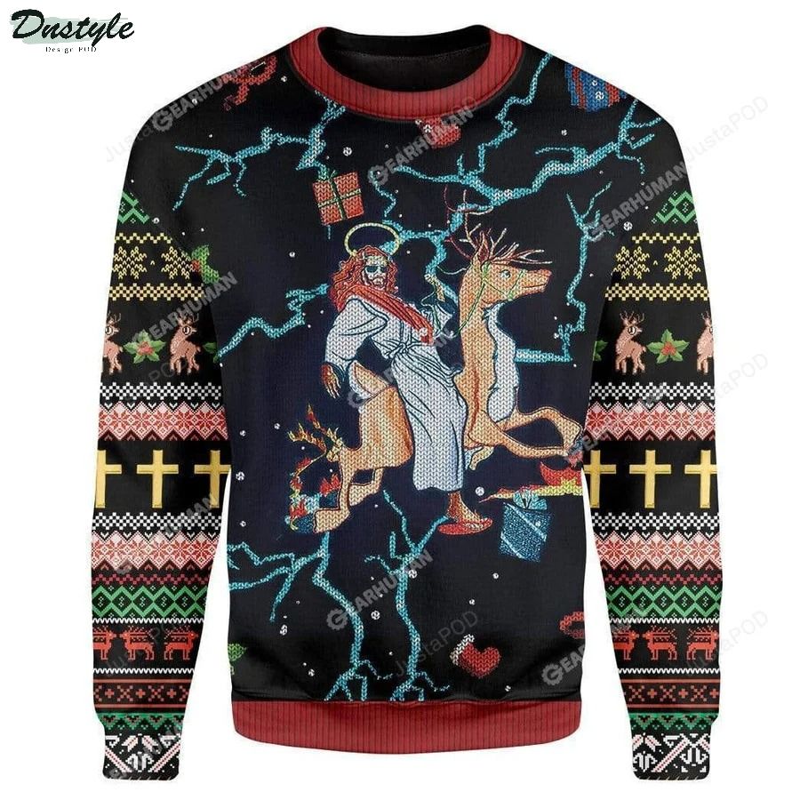 Jesus Riding Reindeer Ugly Christmas Sweater