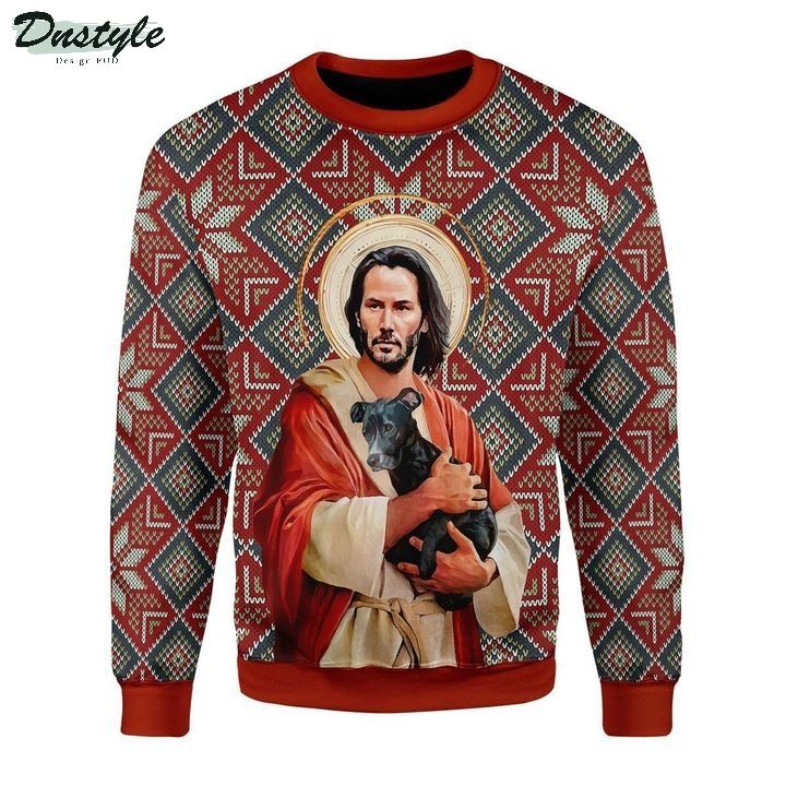 Jesus keanu reeves with dog ugly christmas sweater