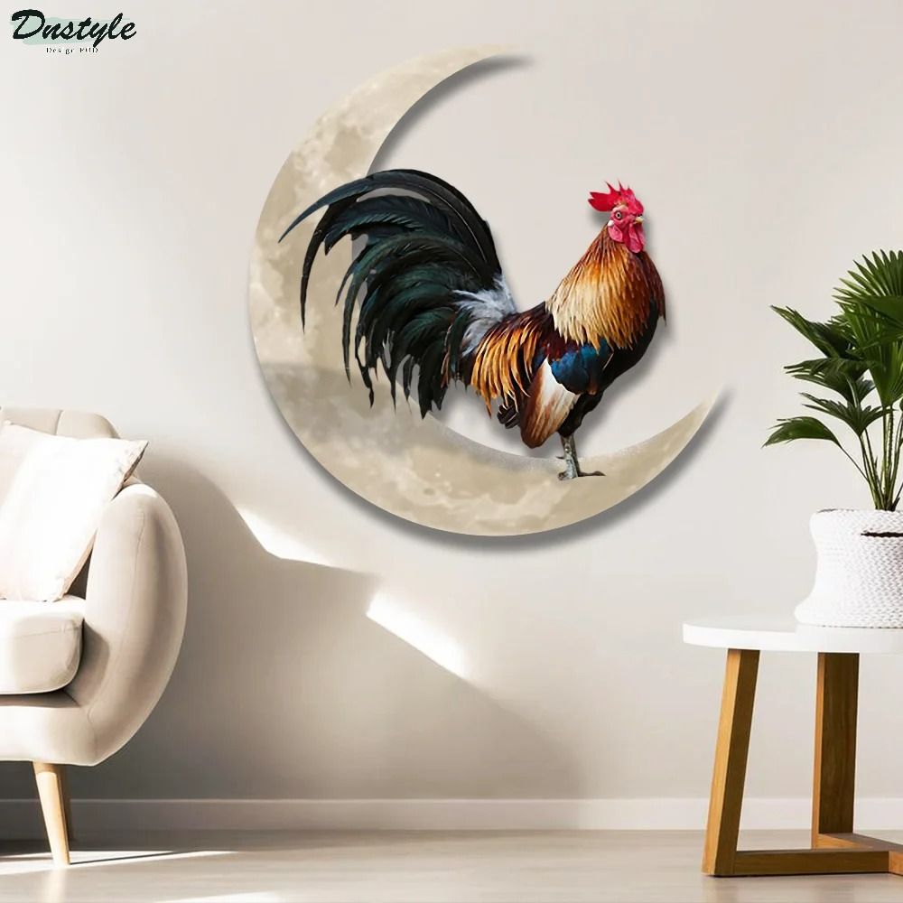 Rooster And Moon Hanging Metal Sign