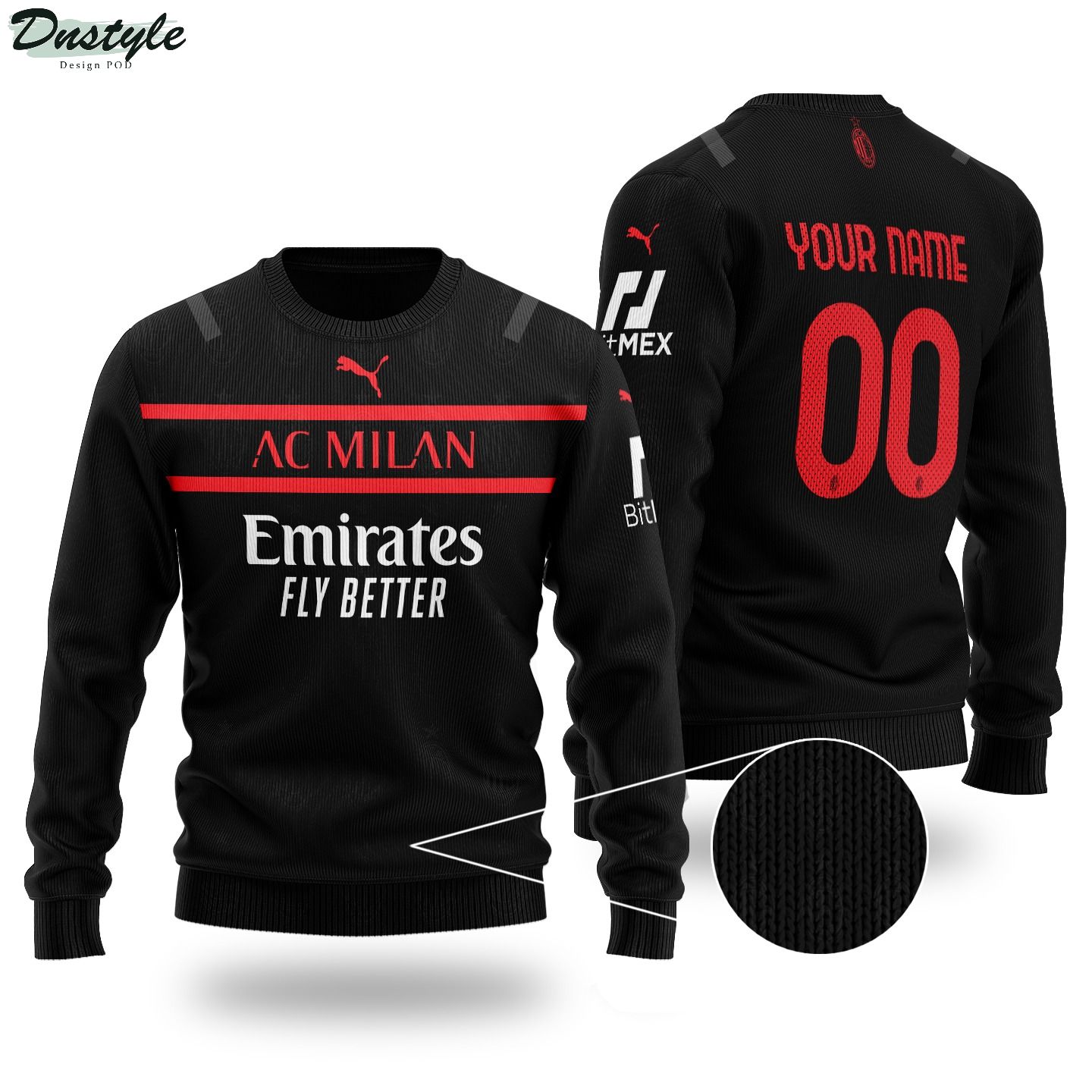 Ac milan black fly emirate custom name and number ugly sweater