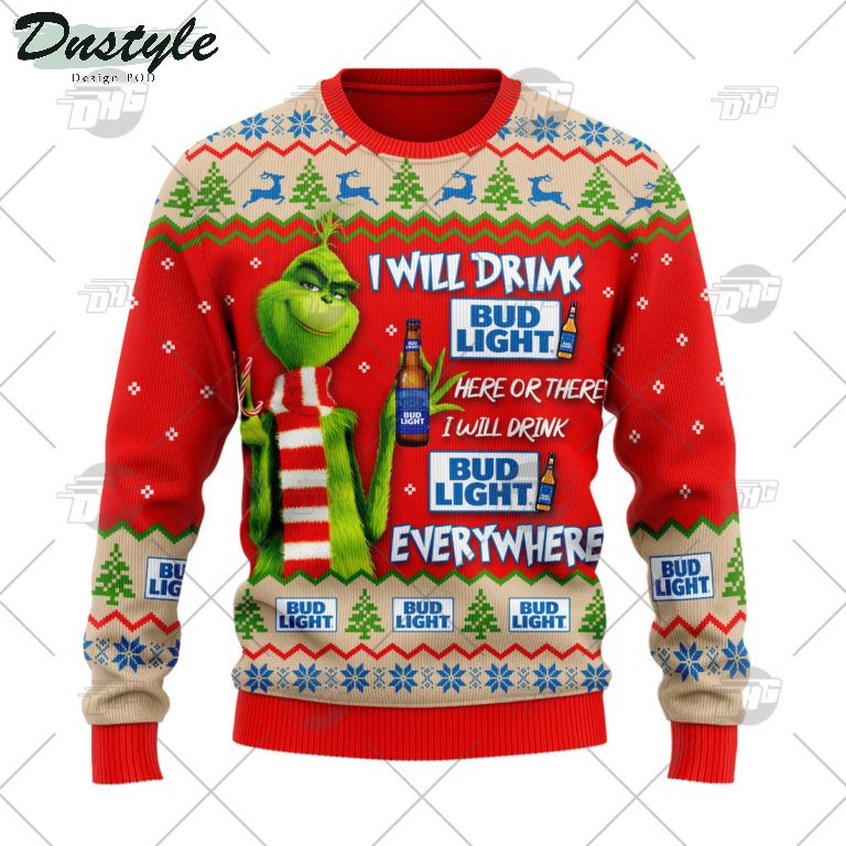 Bud Light Beer Grinch I Will Drink Here Or There Ugly Christmas Sweater 1