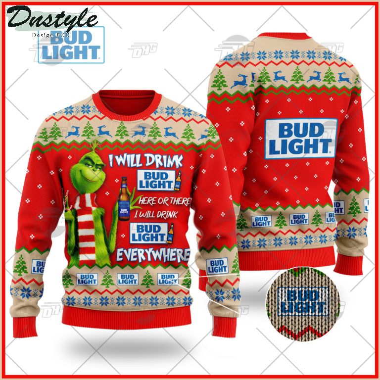 Bud Light Beer Grinch I Will Drink Here Or There Ugly Christmas Sweater