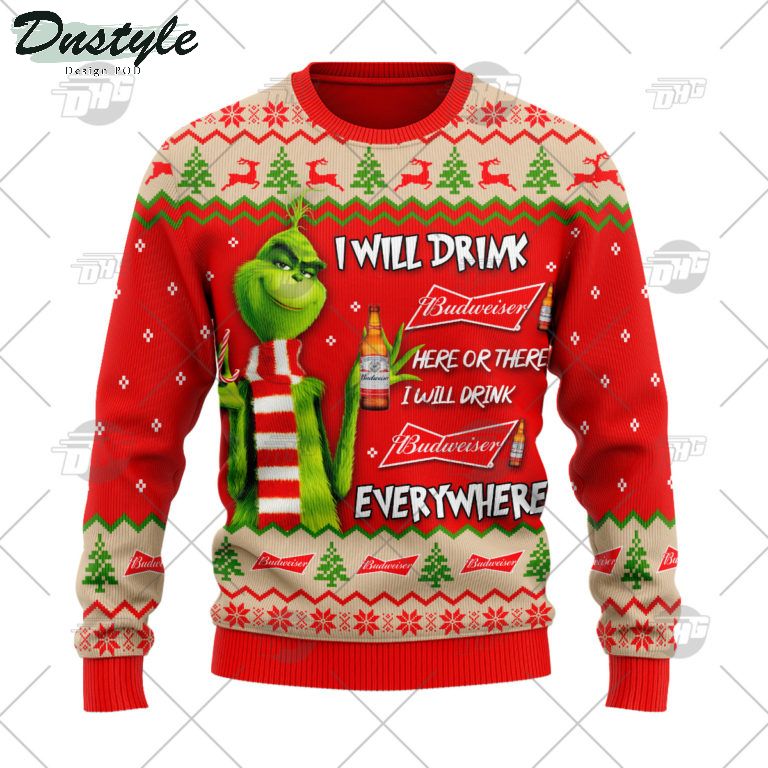 Budweiser Beer Grinch I Will Drink Here Or There Ugly Christmas Sweater 1