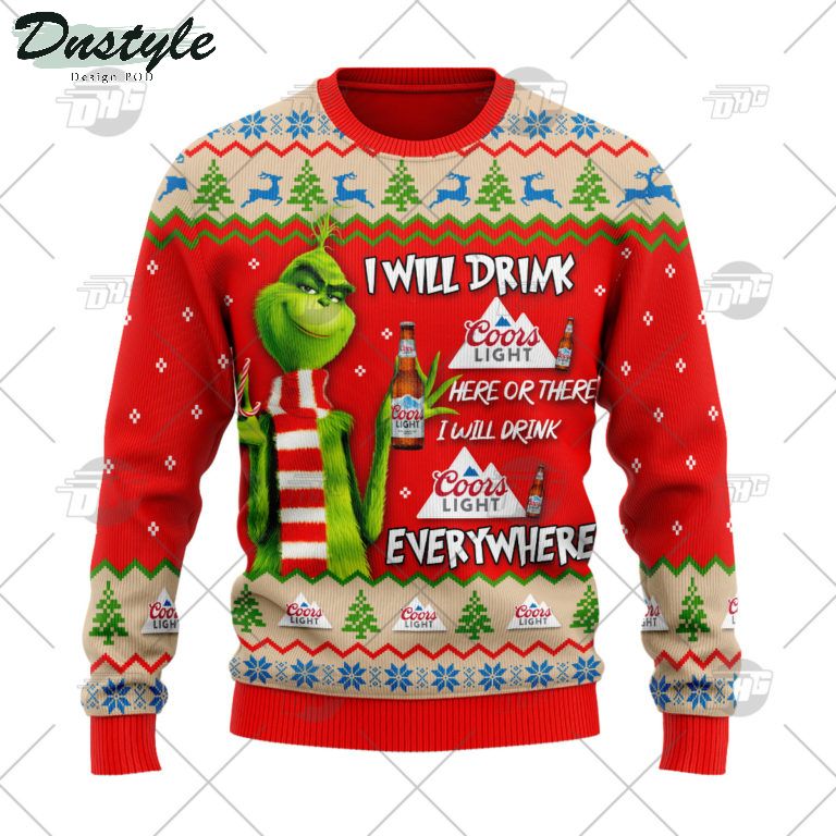 Coors Light Beer Grinch I Will Drink Here Or There Ugly Christmas Sweater 1