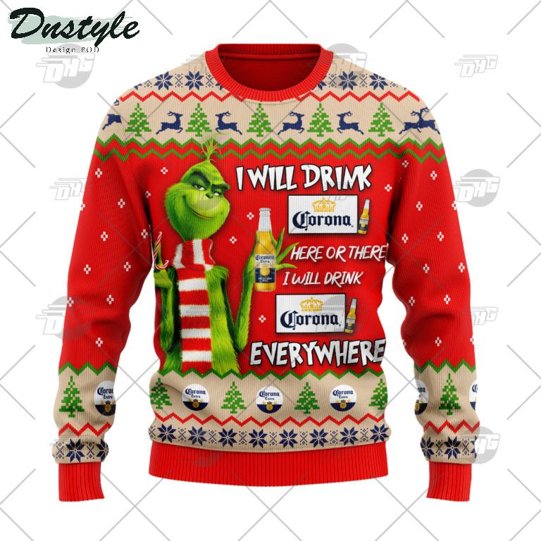 Corona Beer Grinch I Will Drink Here Or There Ugly Christmas Sweater 1