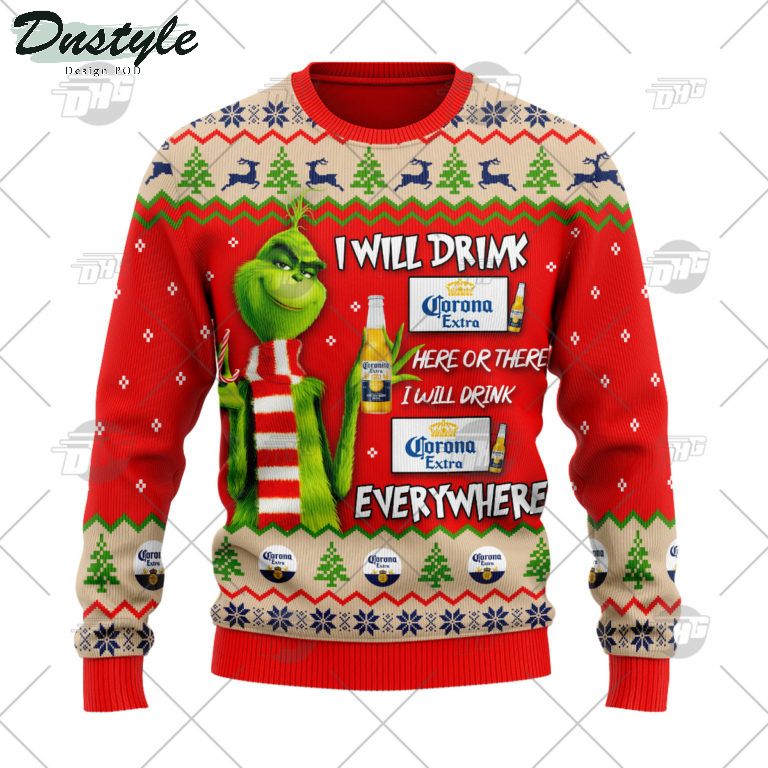 Corona Extra Beer Grinch I Will Drink Here Or There Ugly Christmas Sweater 1