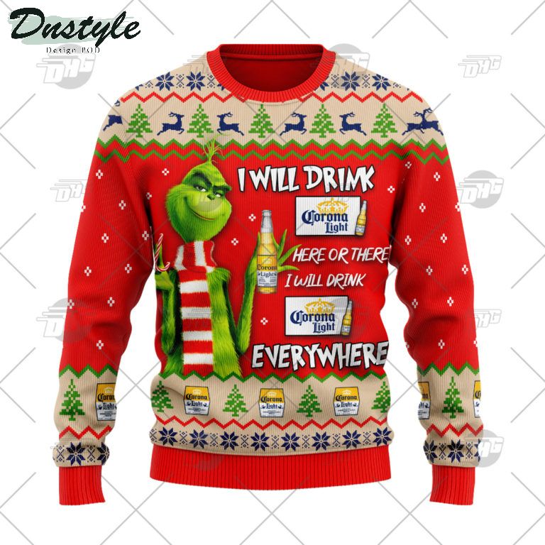 Corona Light Beer Grinch I Will Drink Here Or There Ugly Christmas Sweater 1