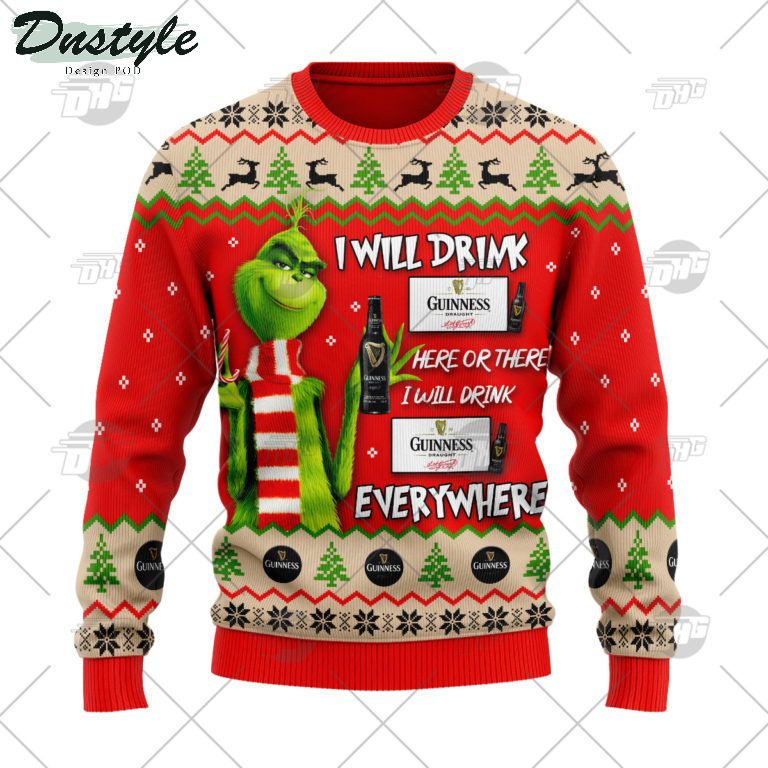 Guinness Beer Grinch I Will Drink Here Or There Ugly Christmas Sweater 1