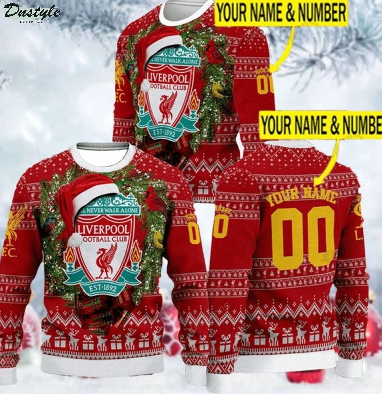 Liverpool FC custom name and number ugly christmas sweater
