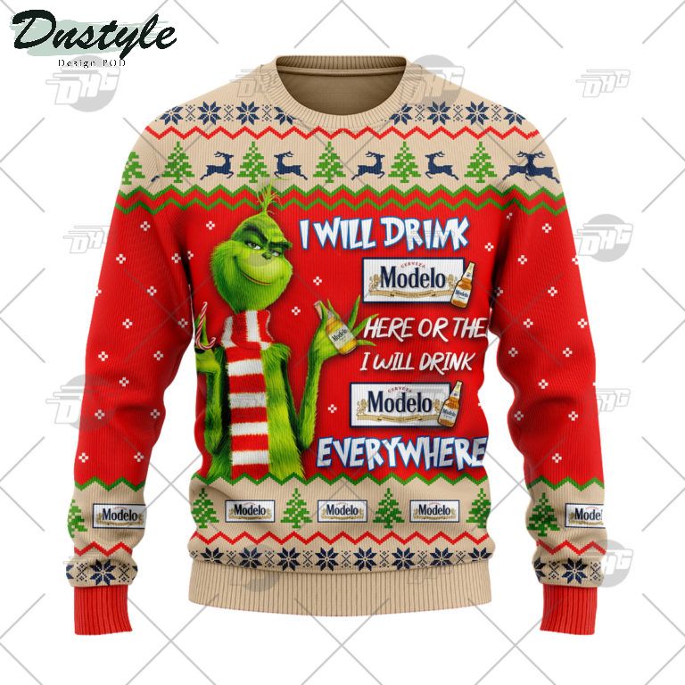 Modelo Especial Beer Grinch I Will Drink Here Or There Ugly Christmas Sweater 1