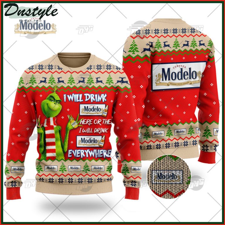 Modelo Especial Beer Grinch I Will Drink Here Or There Ugly Christmas Sweater