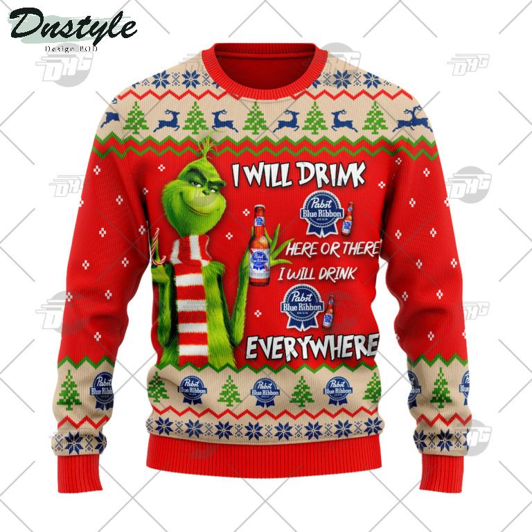 Pabst Blue Ribbon Beer Grinch I Will Drink Here Or There Ugly Christmas Sweater 1