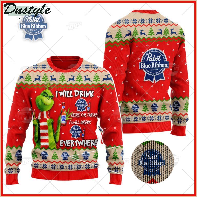 Pabst Blue Ribbon Beer Grinch I Will Drink Here Or There Ugly Christmas Sweater