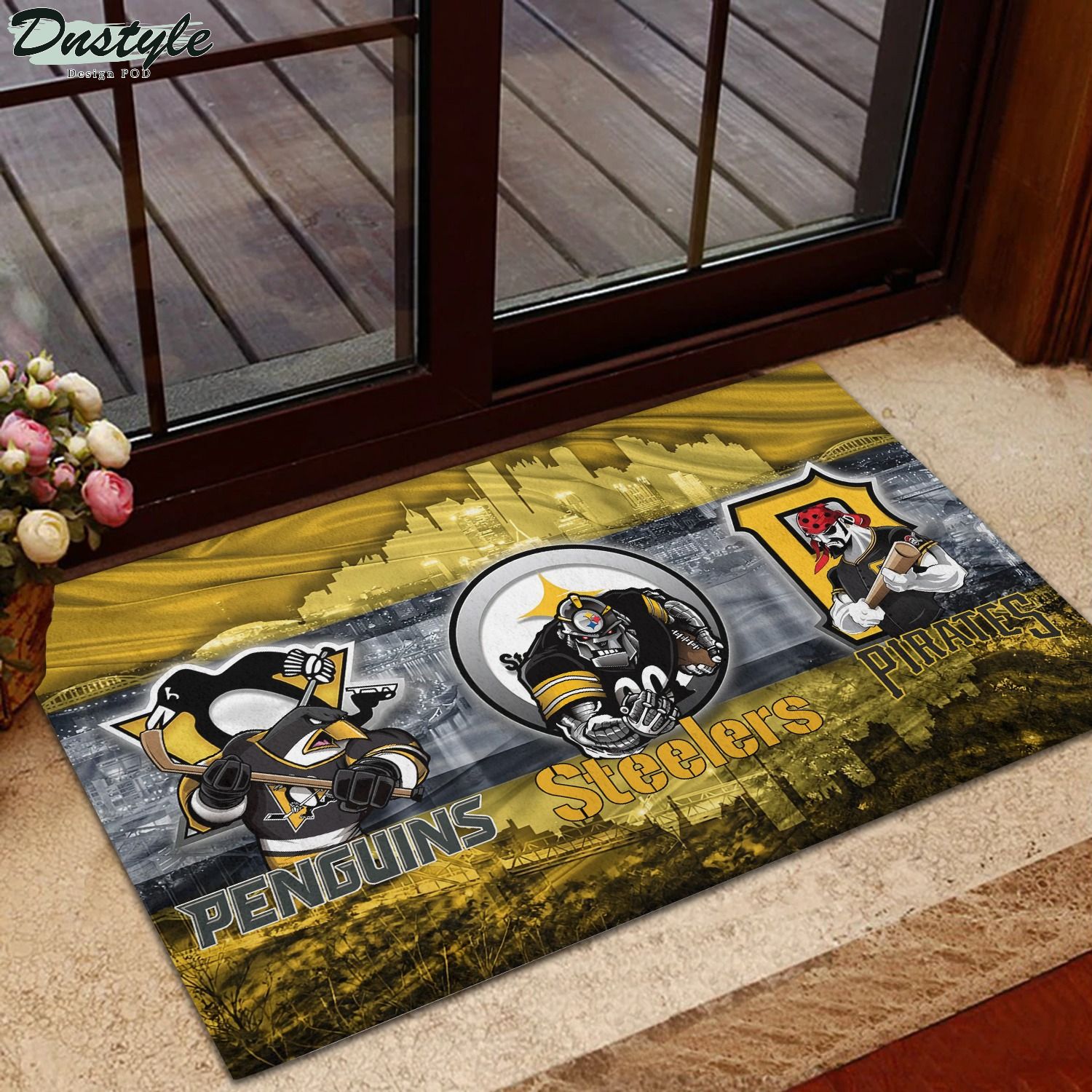Pittsburgh Mascot Sports Teams In Front of Skyline Doormat