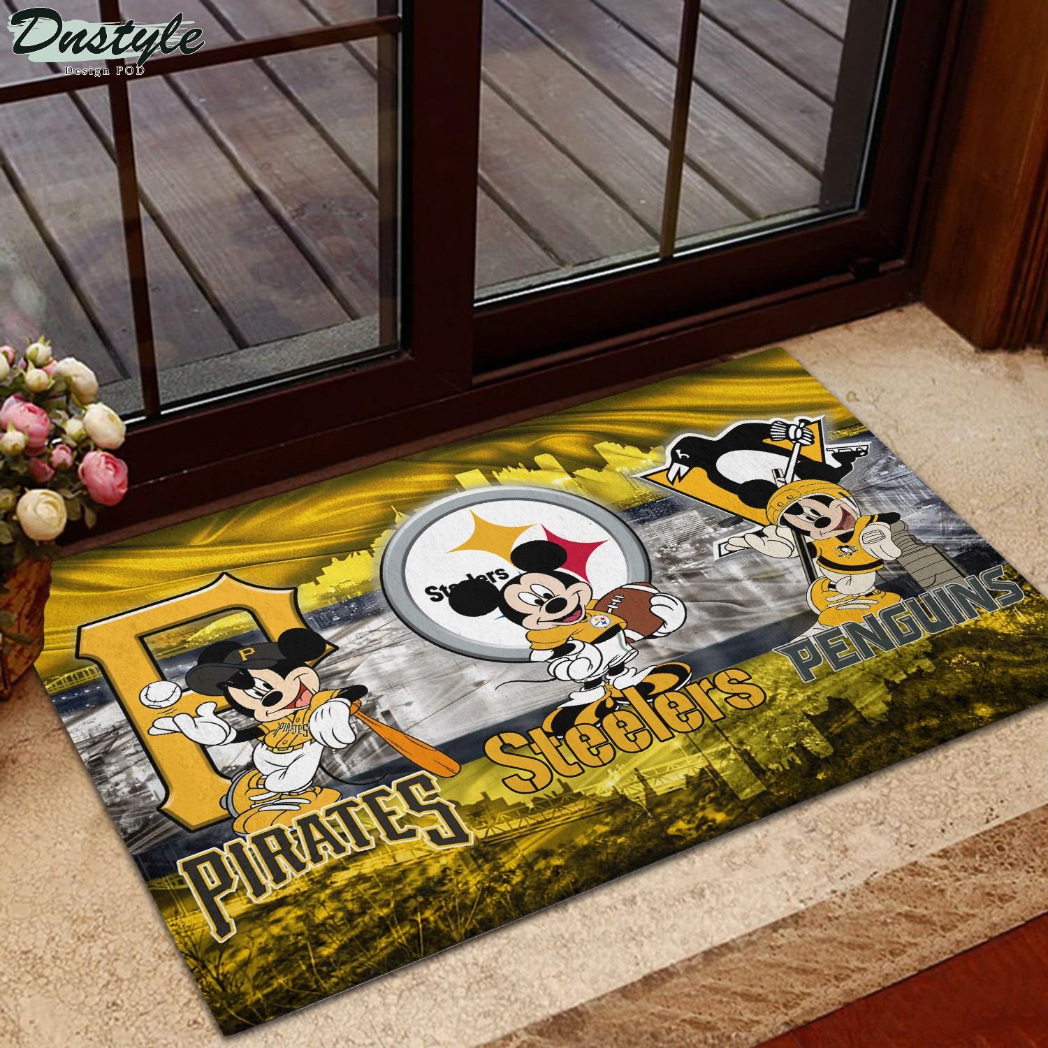 Pittsburgh sports teams mickey in front of skyline doormat