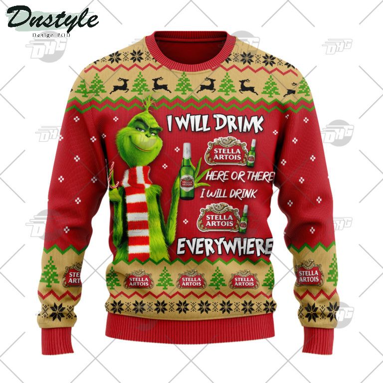 Stella Artois Beer Grinch I Will Drink Here Or There Ugly Christmas Sweater 1