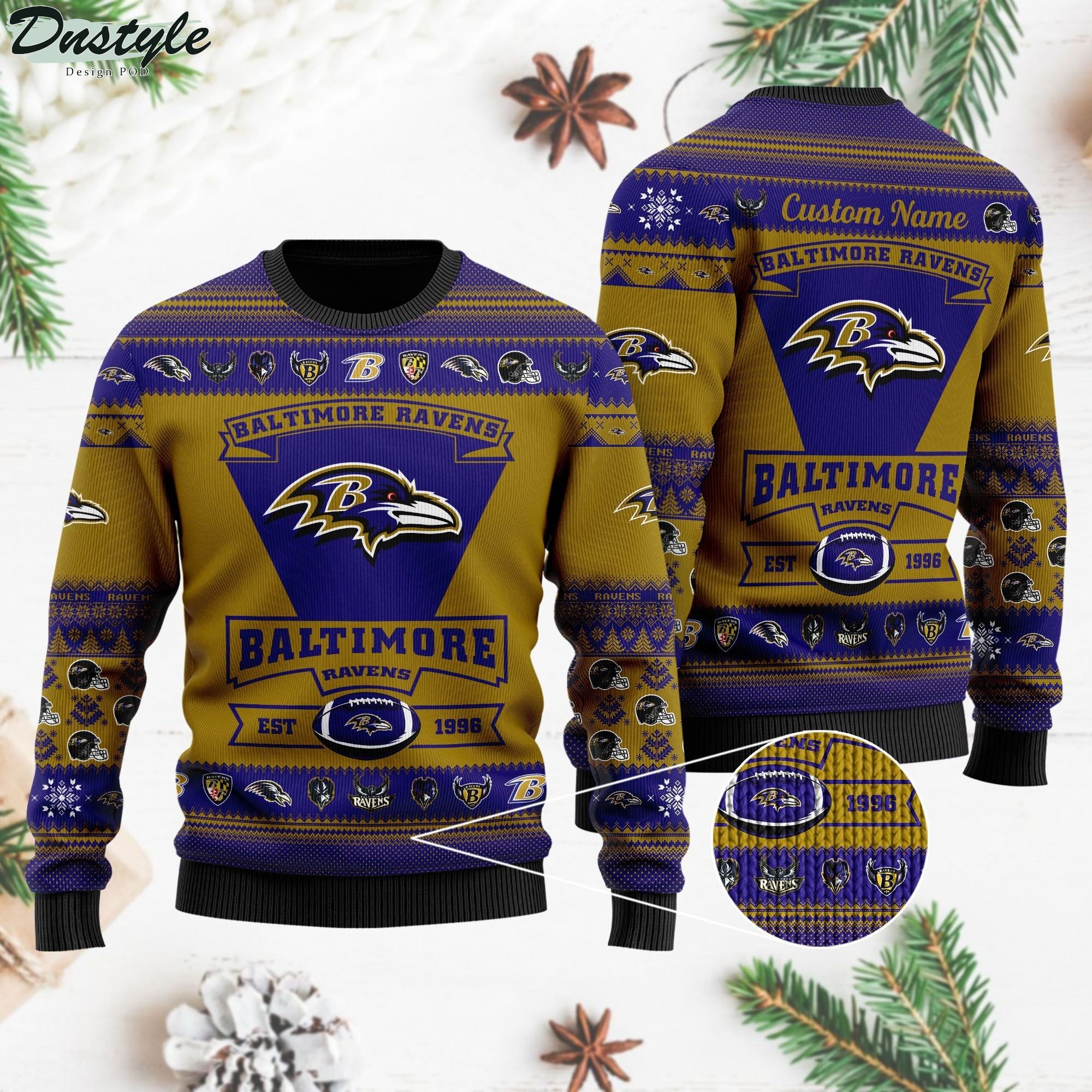 Baltimore Ravens Football Team Logo Custom Name Personalized Ugly Christmas Sweater