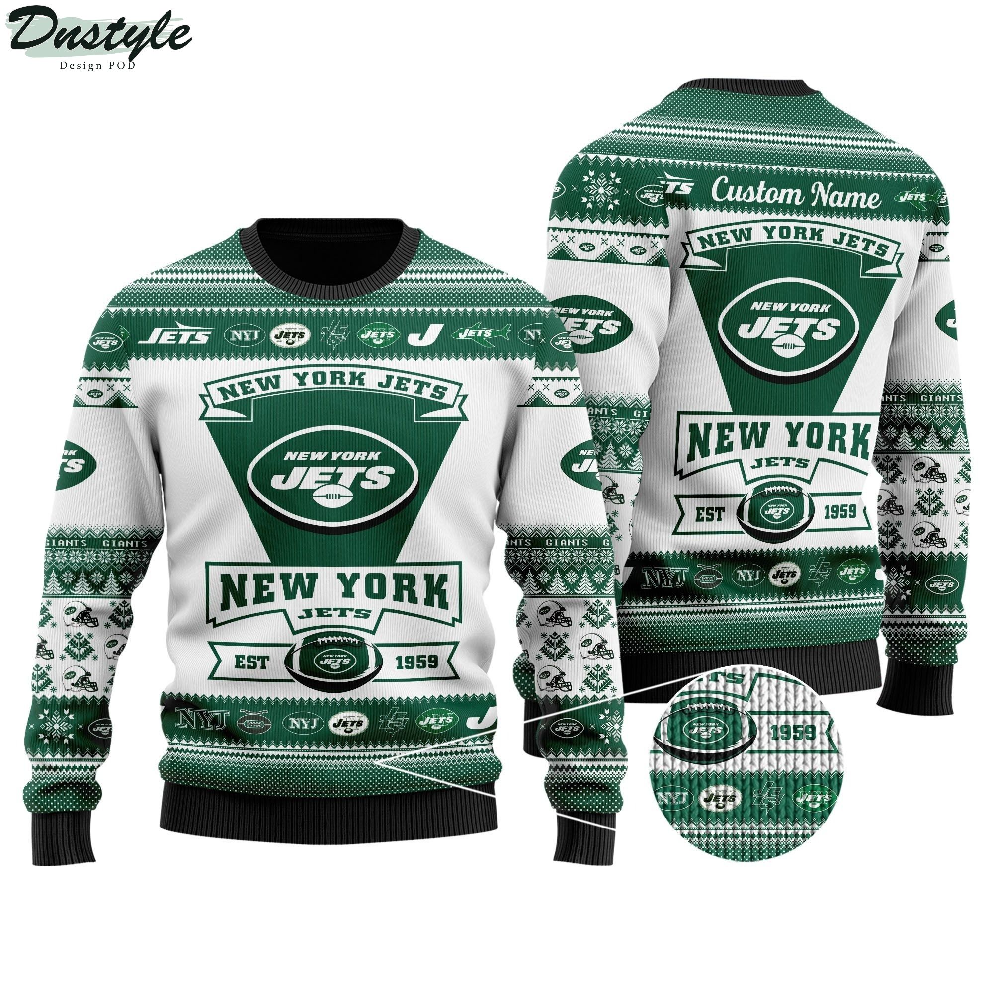 New York Jets Football Team Logo Custom Name Personalized Ugly Christmas Sweater