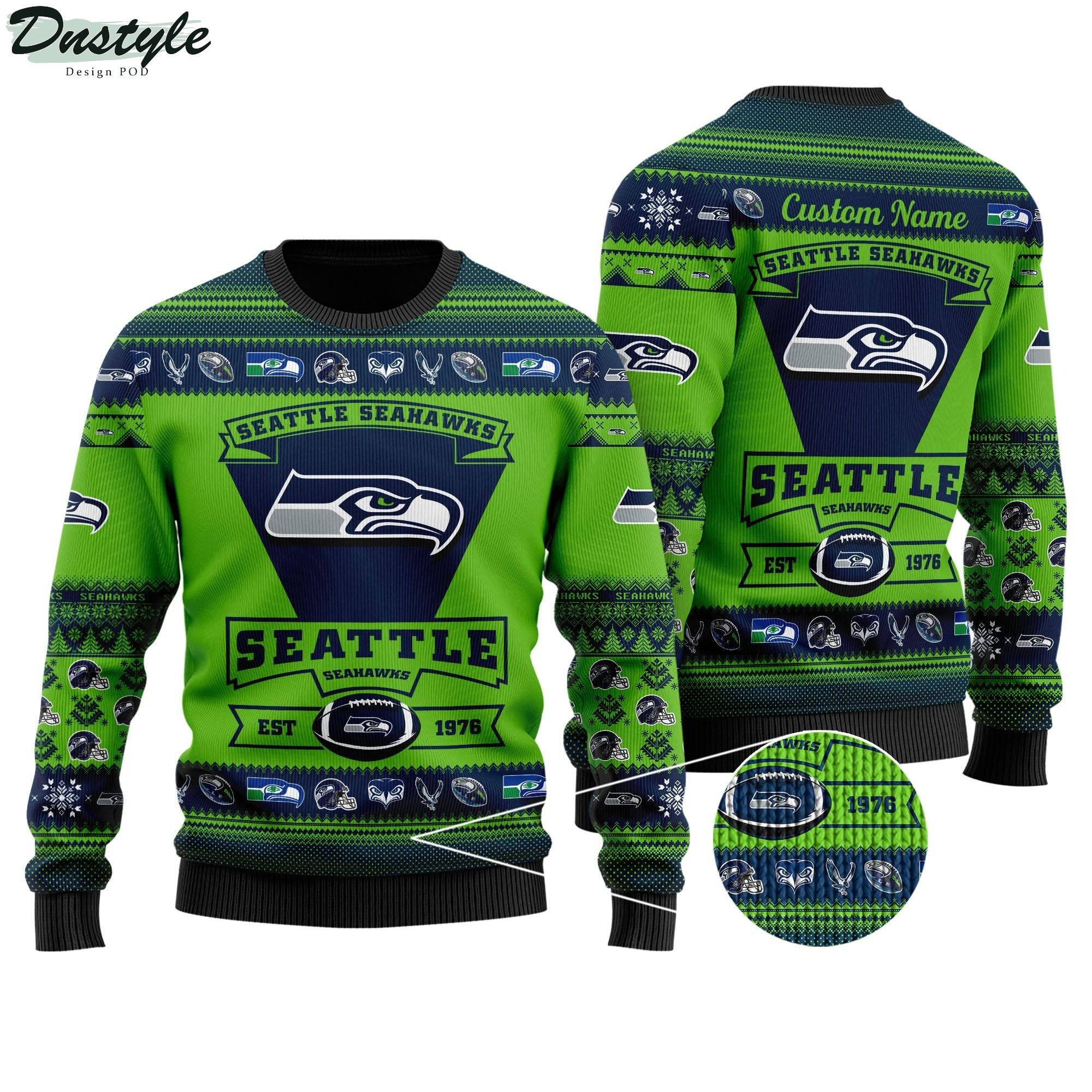 Seattle Seahawks Football Team Logo Custom Name Personalized Ugly Christmas Sweater
