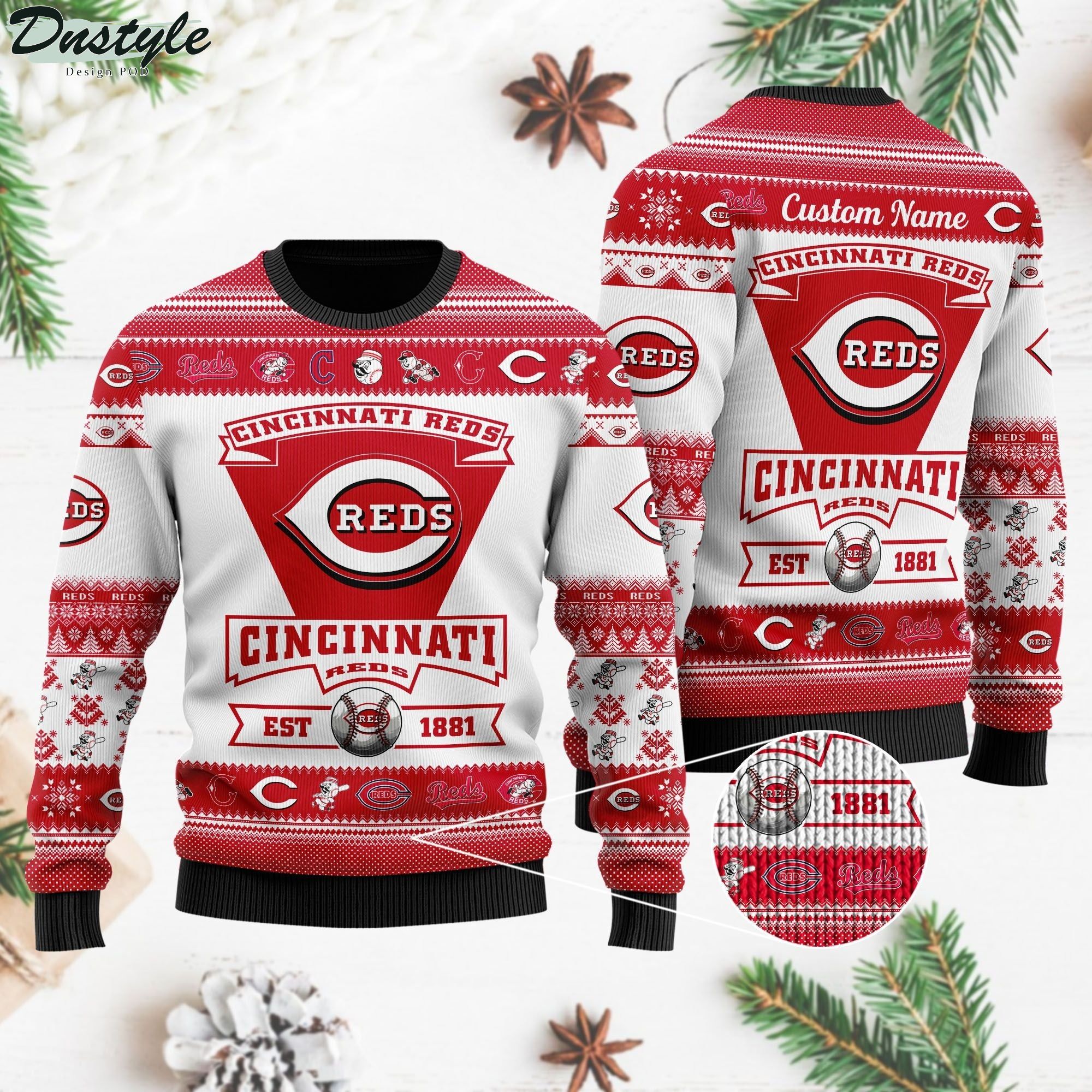 Cincinnati Reds Football Team Logo Custom Name Personalized Ugly Christmas Sweater