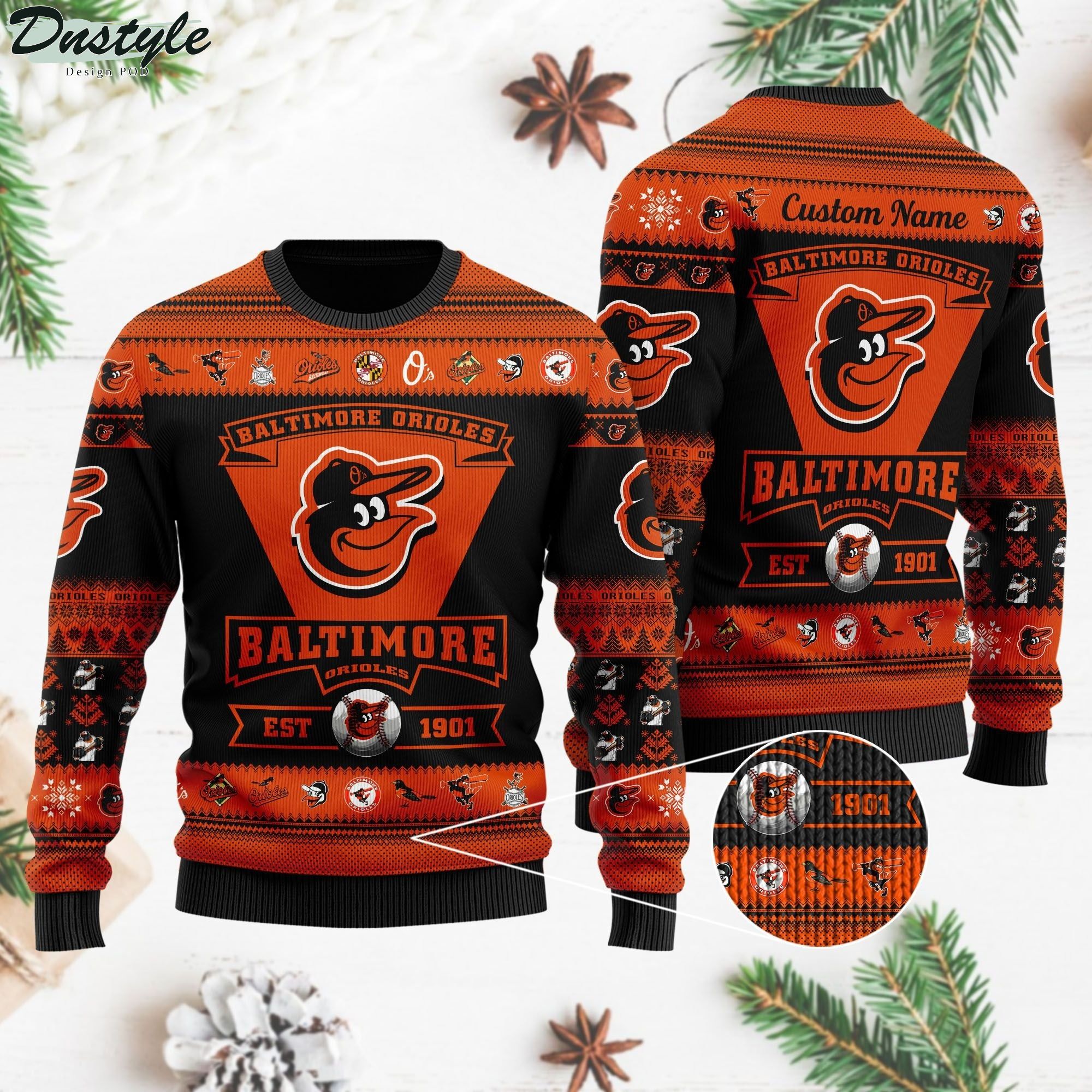 Baltimore Orioles Football Team Logo Custom Name Personalized Ugly Christmas Sweater