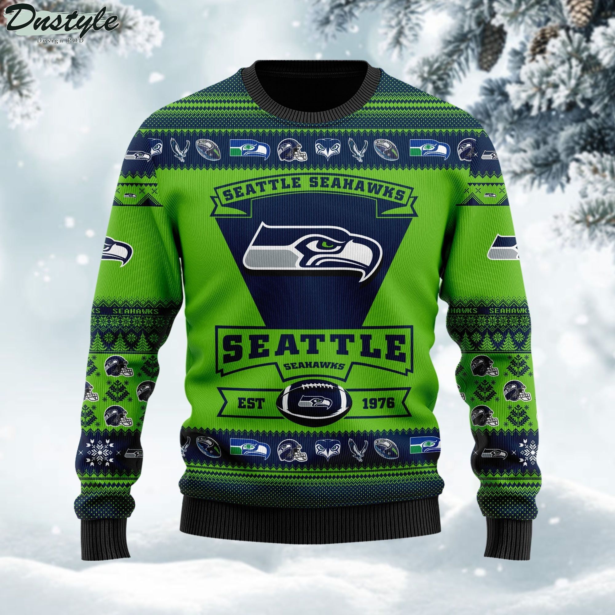Seattle Seahawks Football Team Logo Custom Name Personalized Ugly Christmas Sweater