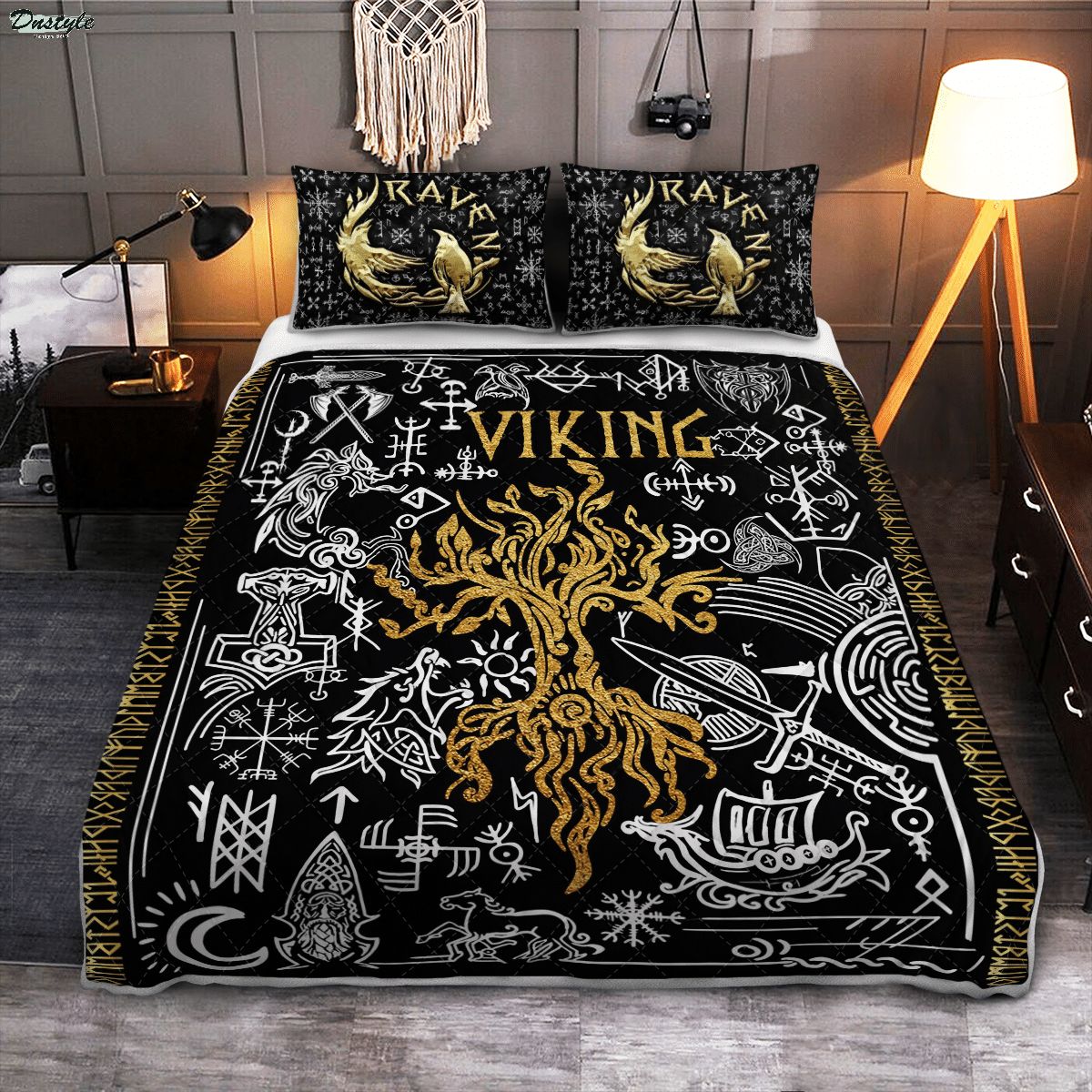 Viking raven tree of life yggdrasil viking quilt bedding set