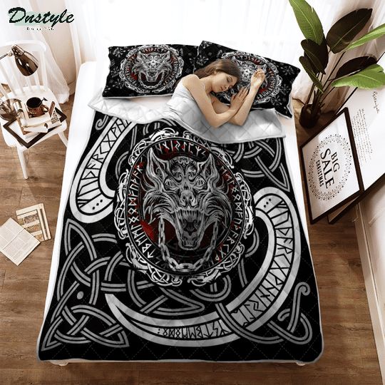 Fenrir wolf with norse pattern viking quilt bedding set