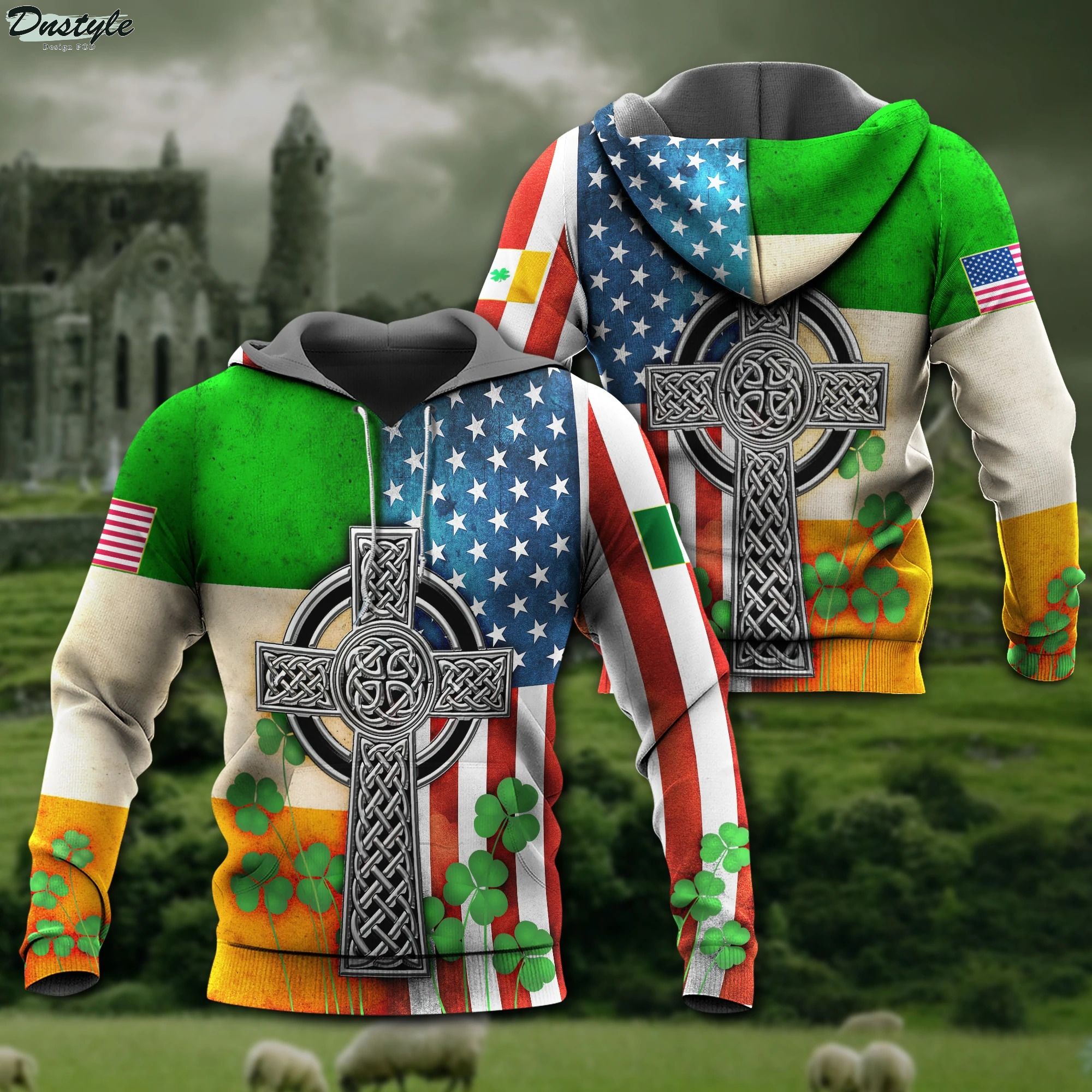 American flag celtic cross irish saint patrick's day 3d printed hoodie