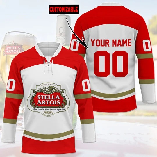Stella artois beer custom name and number hockey jersey