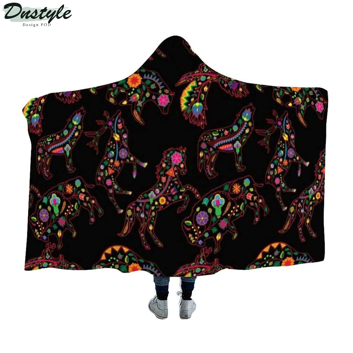Neon Floral Animals Hooded Blanket