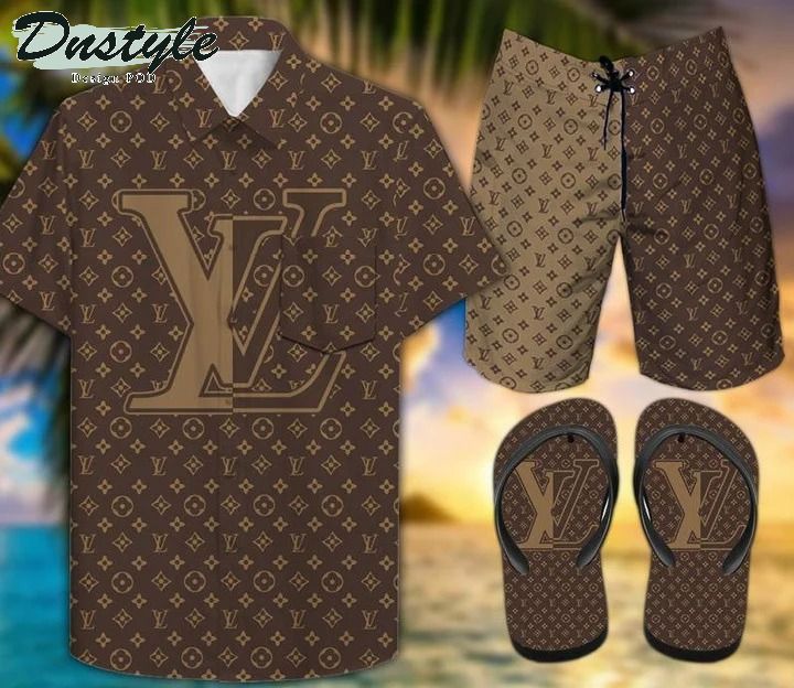 Louis Vuitton LV Combo Hawaiian Shirt Beach Short And Flip Flops