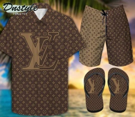 Louis Vuitton Brown Hawaiian Shirt Shorts And Flip Flops
