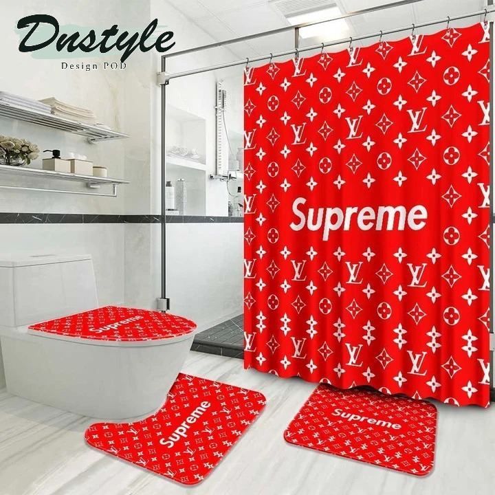 Louis Vuitton Supreme Red Luxury Fashion Brand Bathroom Set Shower Curtain #2044