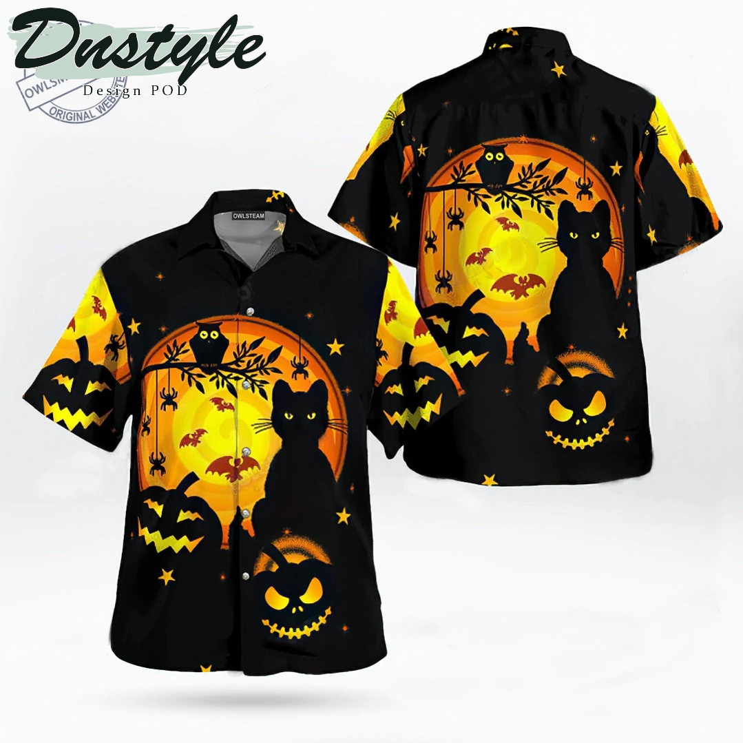Awesome Black Cat And Pumpkin Happy Halloween Hawaiian Shirt