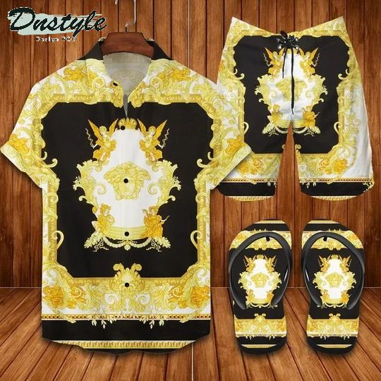 Versace Yellow Black Hawaiian Shirt Shorts And Flip Flops
