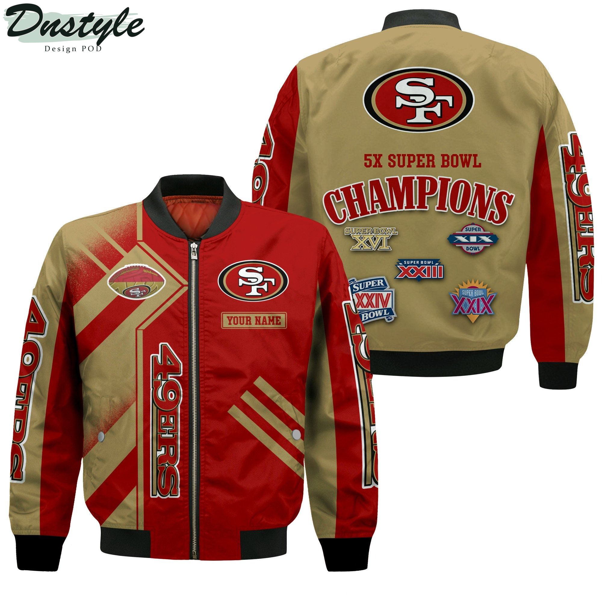 San Francisco 49ers NFL 5X Super Bowl Champions Custom Name Bomber Jacket