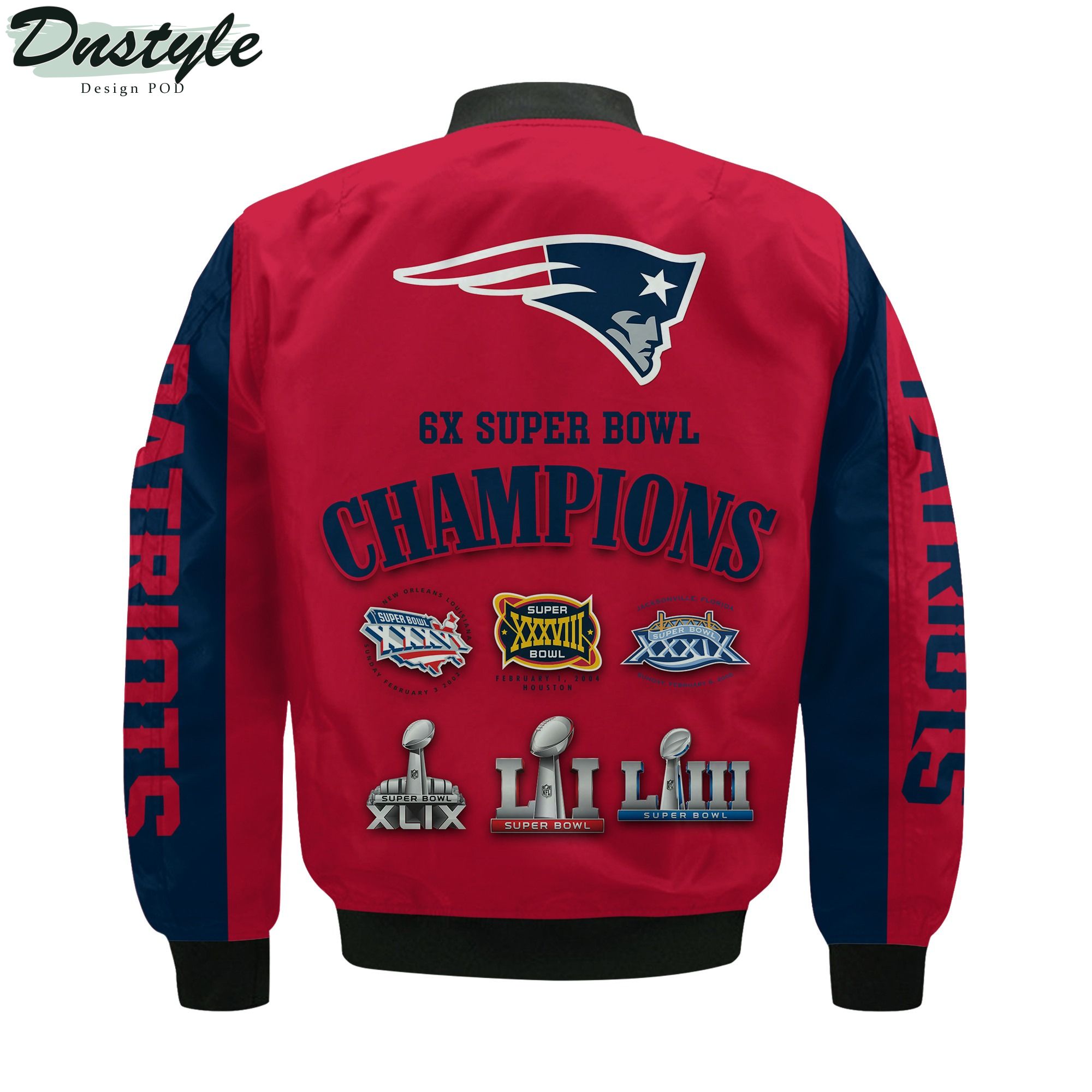 New England Patriots NFL 6X Super Bowl Champions Custom Name Bomber Jacket
