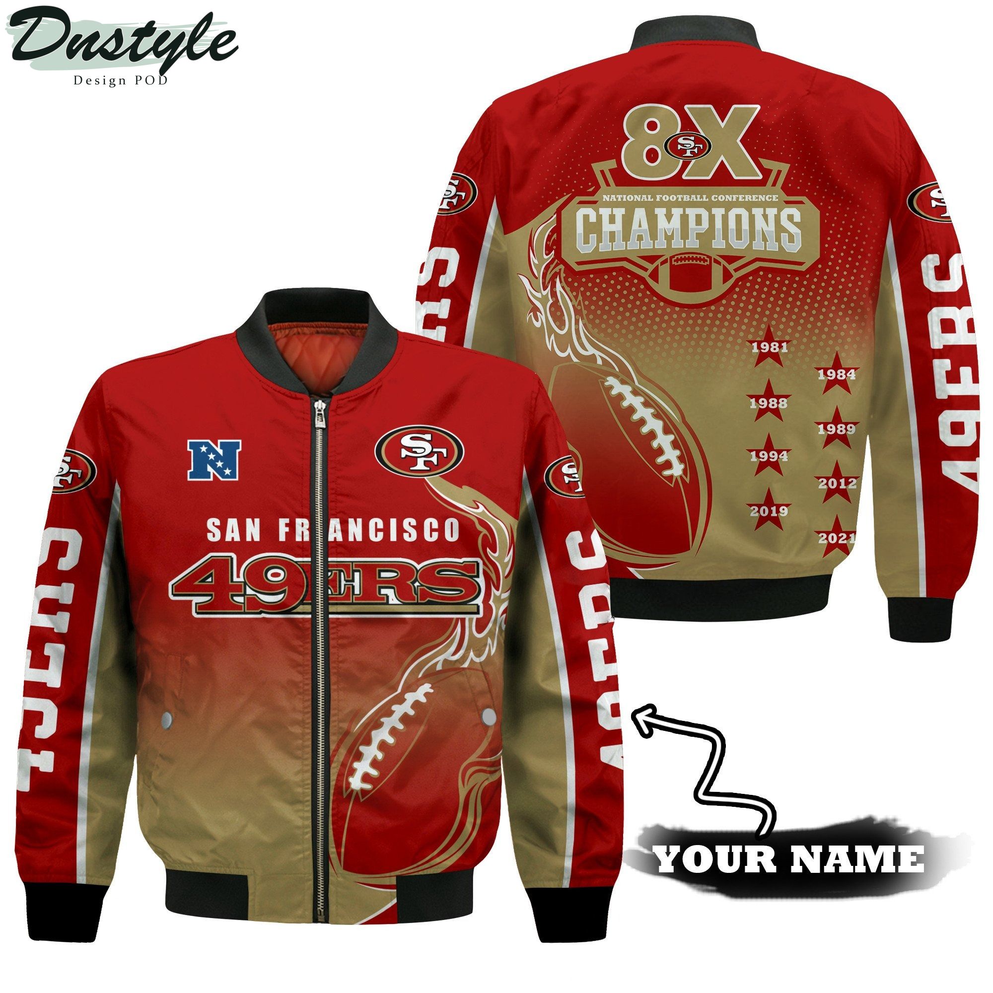 San Francisco 49ers 8X NFC Champions 2021 Custom Name Bomber Jacket
