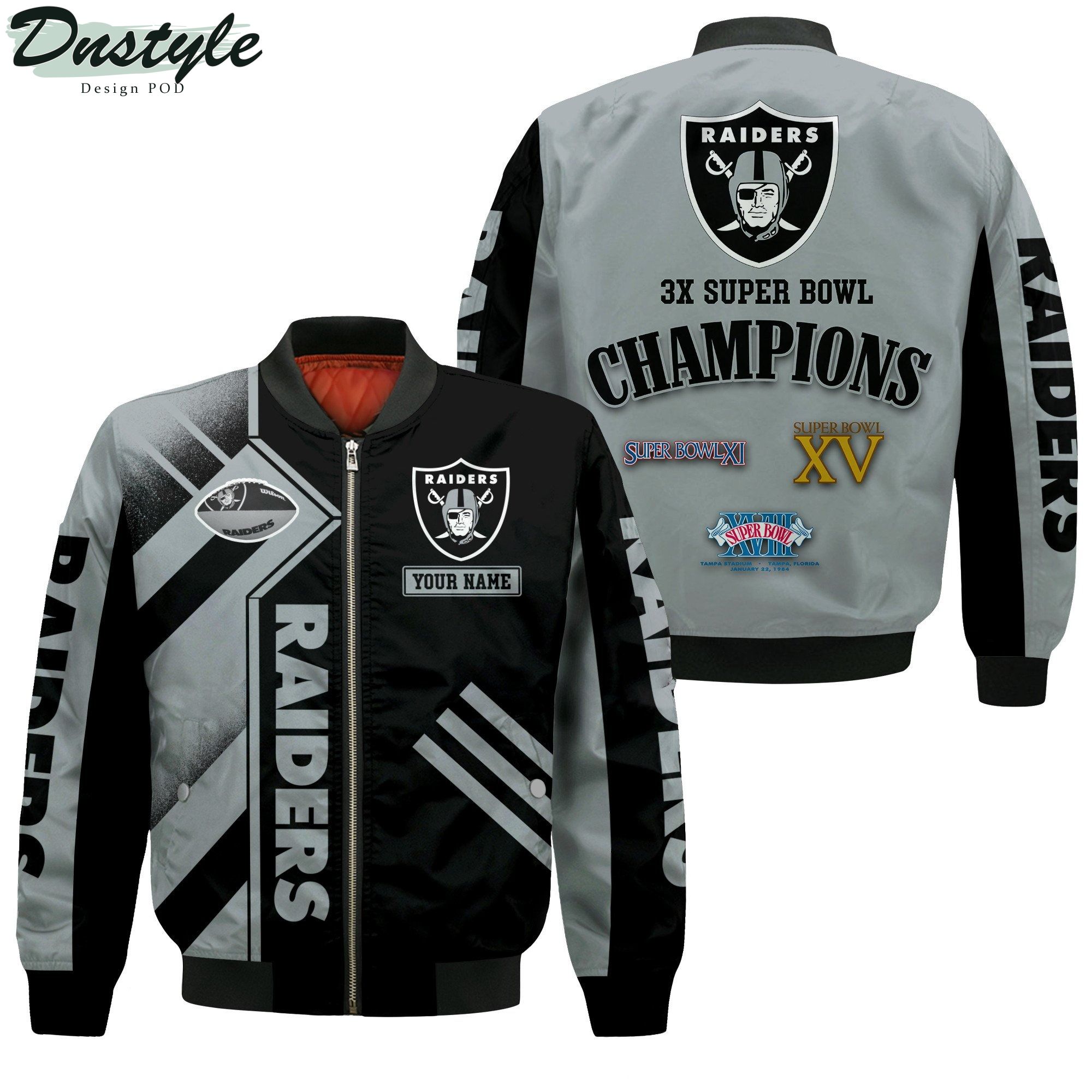 Las Vegas Raiders NFL 3X Super Bowl Champions Custom Name Bomber Jacket