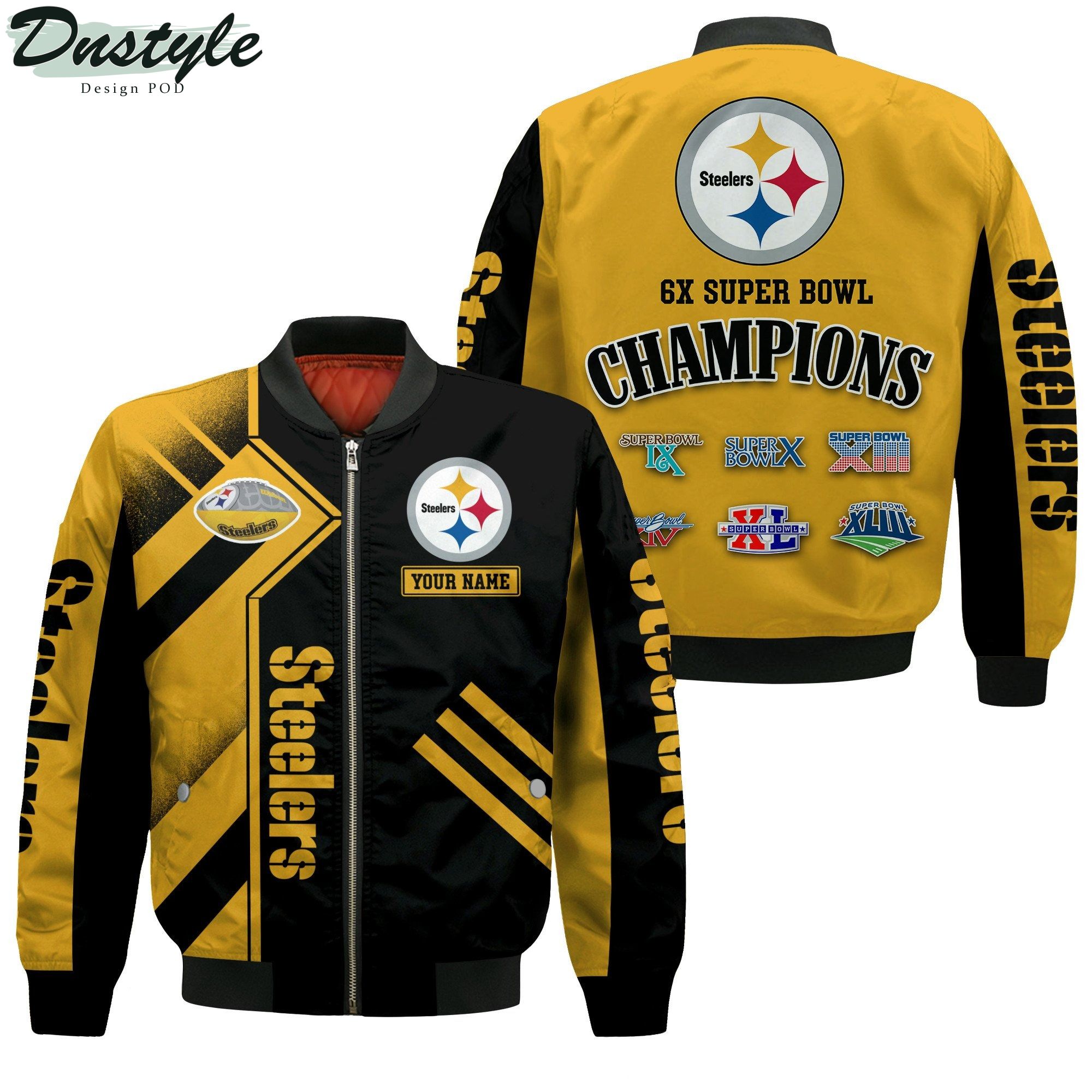 Pittsburgh Steelers NFL 6X Super Bowl Champions Custom Name Bomber Jacket