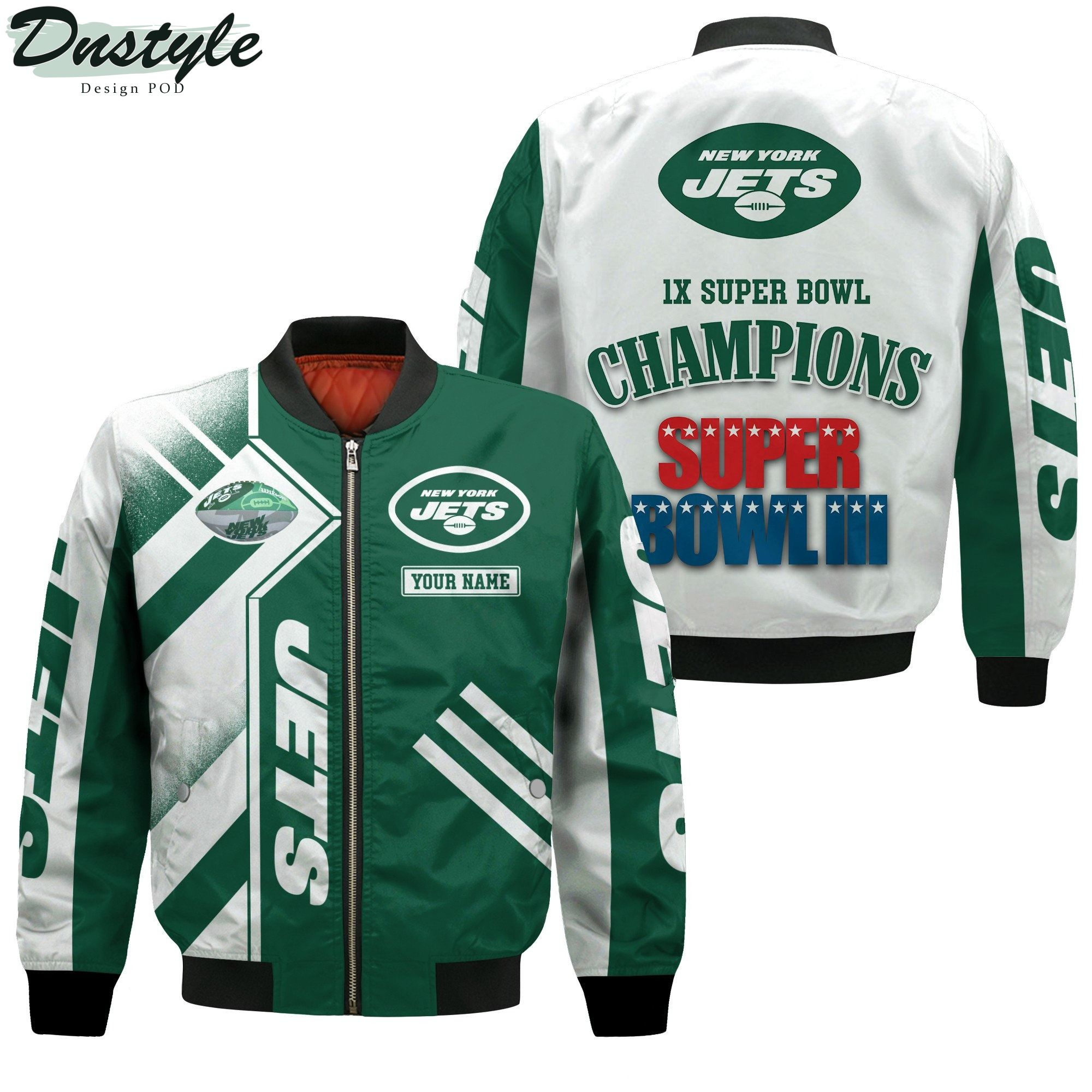 New York Jets NFL 1X Super Bowl Champions Custom Name Bomber Jacket