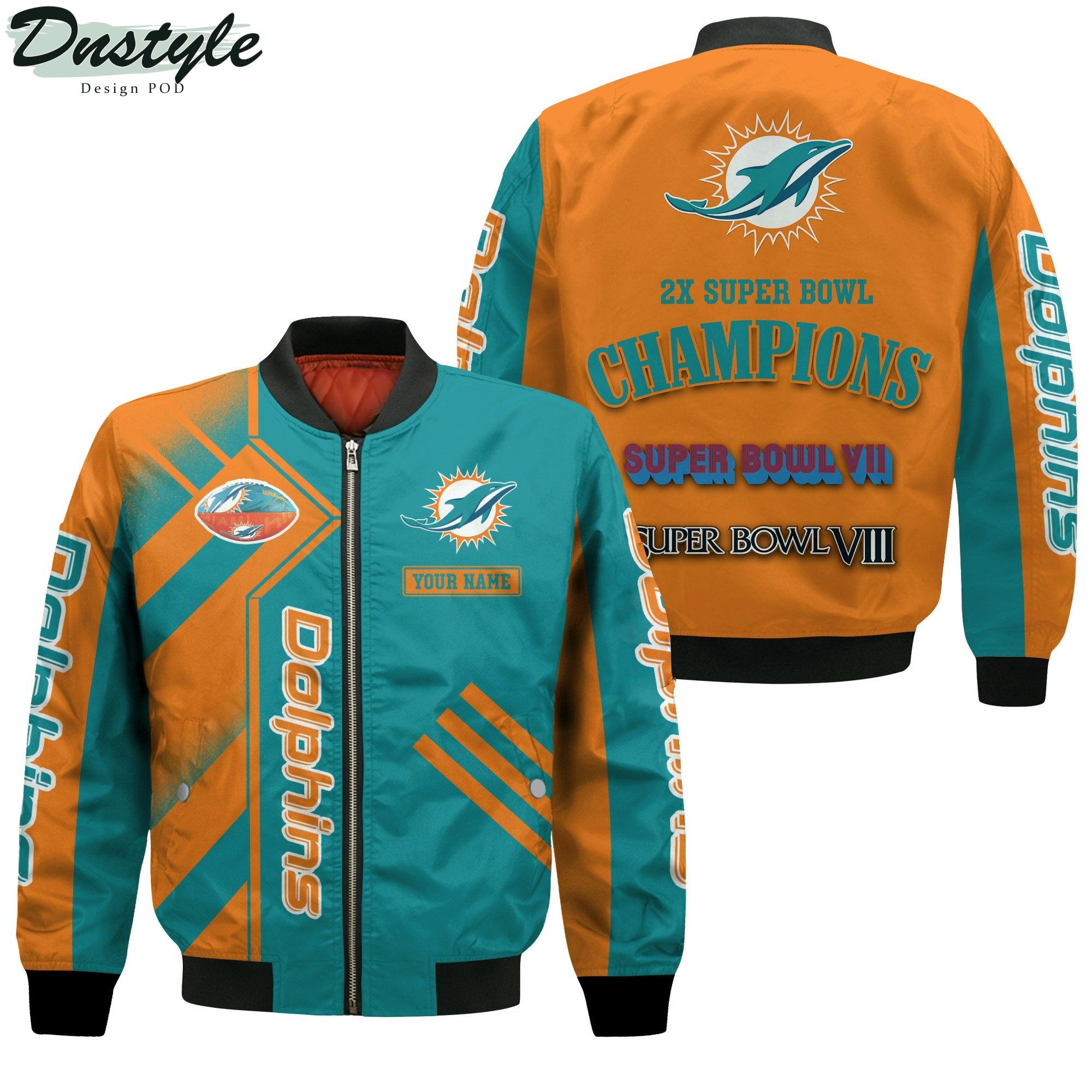 Miami Dolphins NFL 2X Super Bowl Champions Custom Name Bomber Jacket