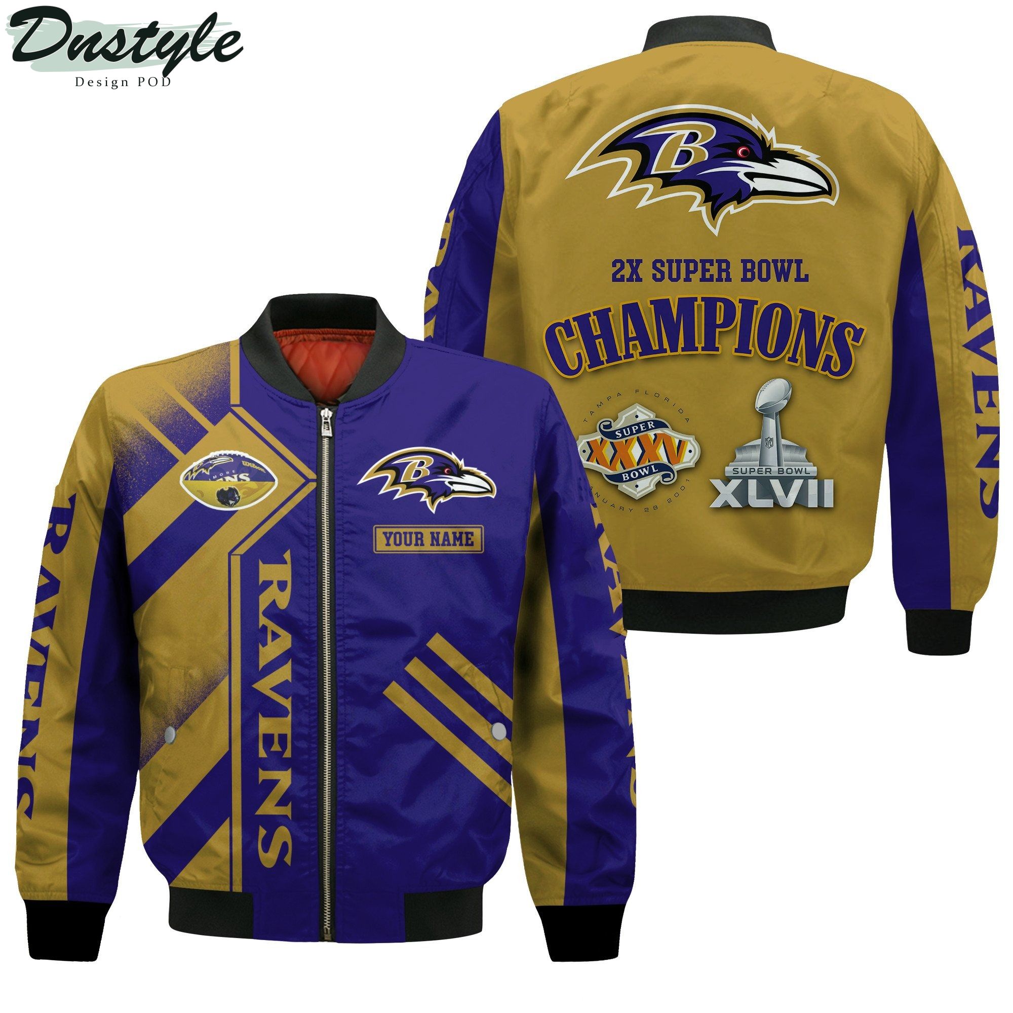Baltimore Ravens NFL 2X Super Bowl Champions Custom Name Bomber Jacket