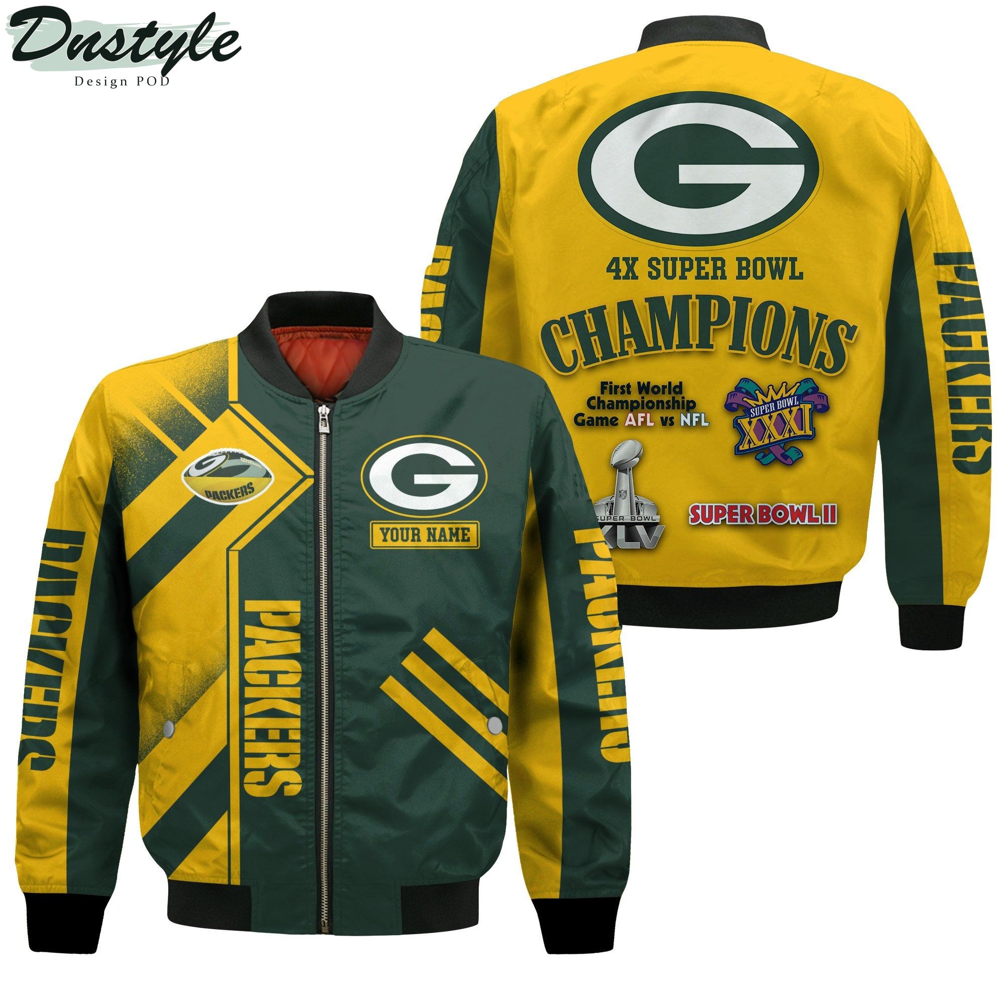 Green Bay Packers NFL 4X Super Bowl Champions Custom Name Bomber Jacket